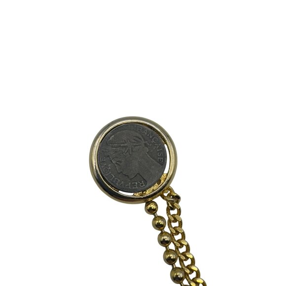 Gold Tone Chain Double Coin Design Sweater Clip Cloak Clasp Retro Accessory - Picture 2 of 6